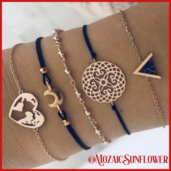 SILVER MILO Jewelry - 5 Piece Black and Rose Gold Color Bracelet Set